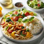 Geschnetzeltes mit Reis, dazu einen Blattsalat