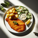 Paniertes Schollenfilet mit Kartoffeln in Sahnesoße, Gurkensalat